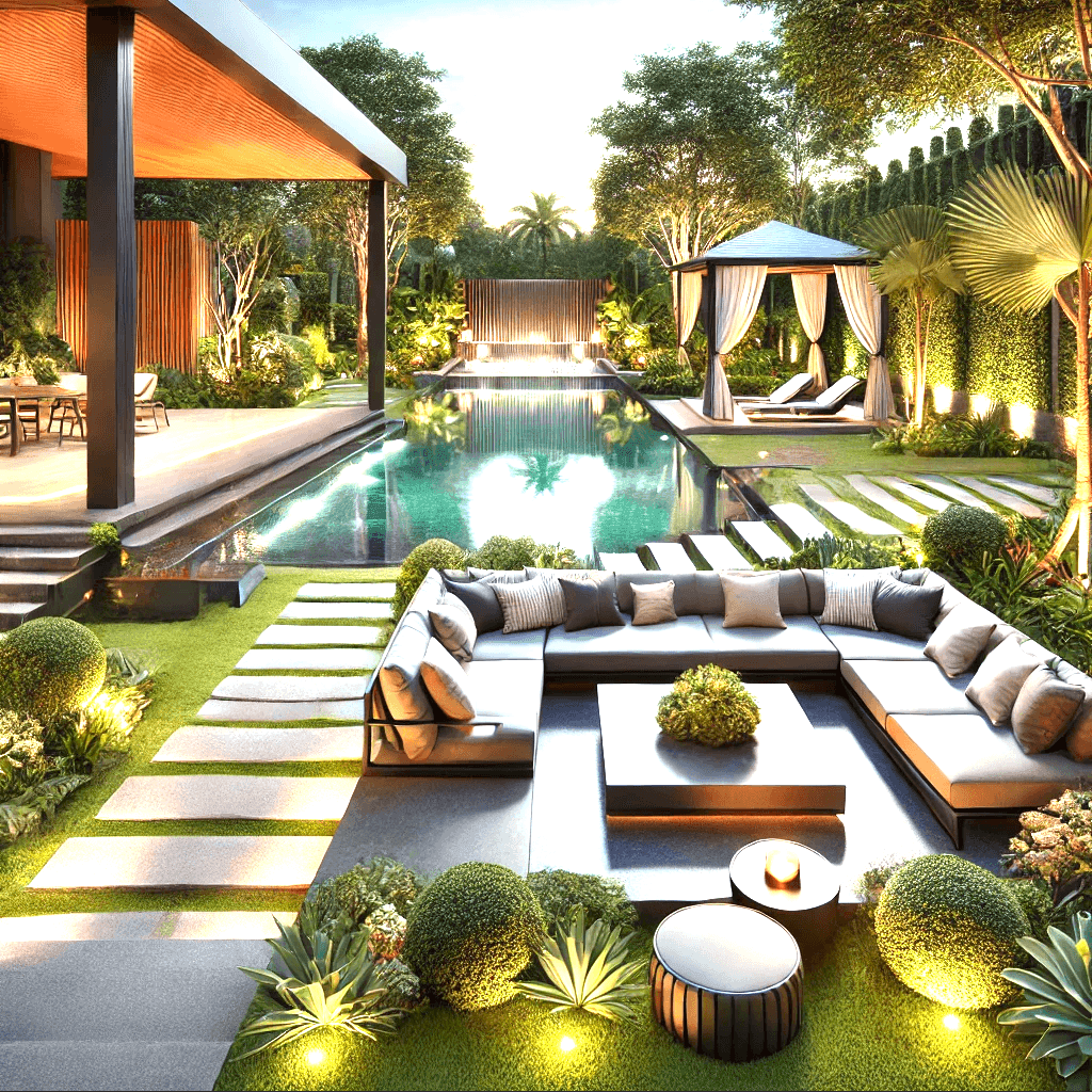 Luxury backyard with pool, outdoor seating, cabana, and lush landscaping at dusk.